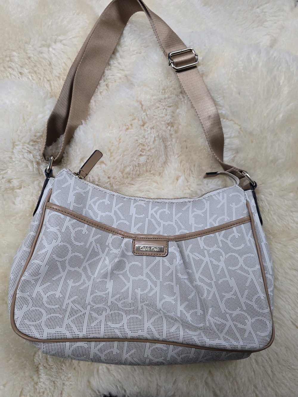 Calvin Klein White Logo Shoulder Bag with Tan Trim
